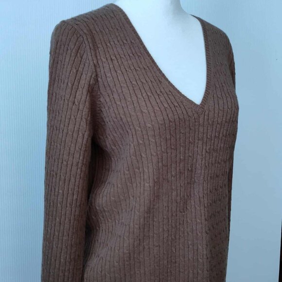 JCrew Brown V-neck cable knit wool cashmere blend pullover, size L - Picture 2 of 15